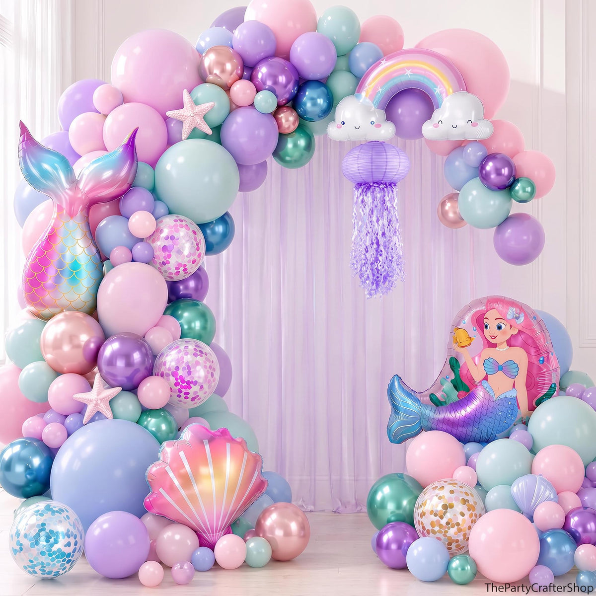 Mermaid Balloon Arch Kit, Pastel Undersea Party Garland with Tails, Seashell, Rainbow Foils