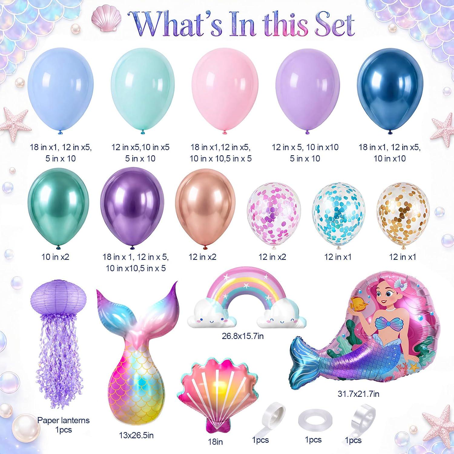 Mermaid Balloon Arch Kit, Pastel Undersea Party Garland with Tails, Seashell, Rainbow Foils