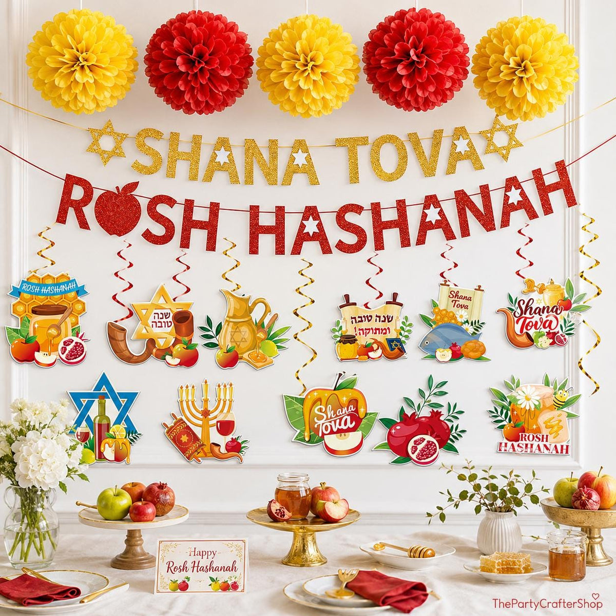 Rosh Hashanah Shana Tova Banner, Jewish New Year Paper Decorations Set