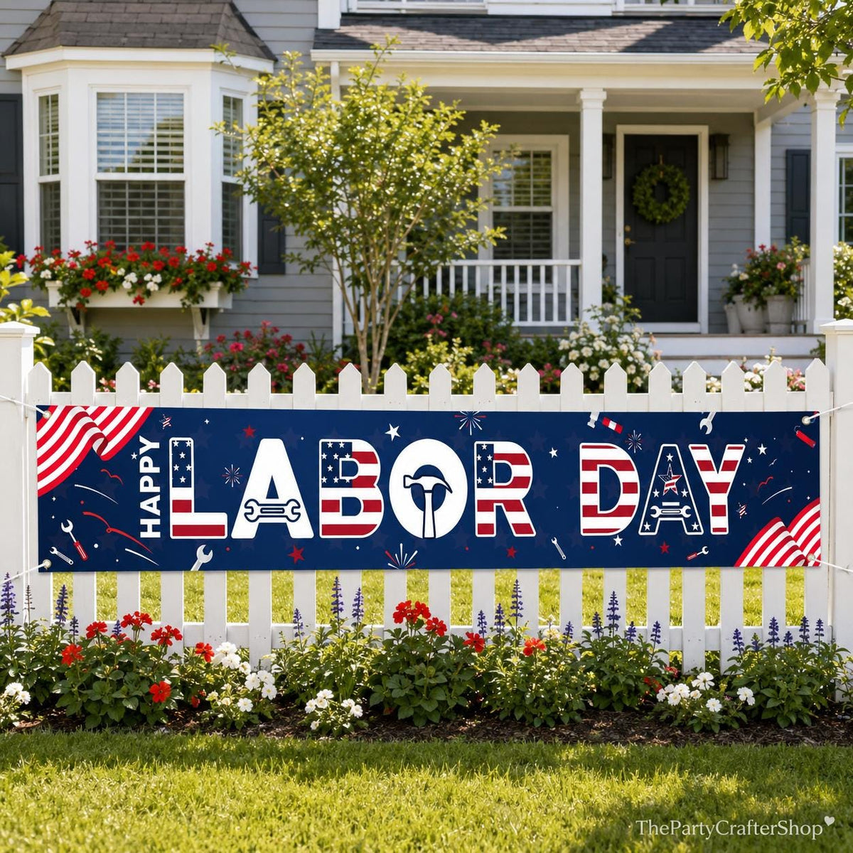 Happy Labor Day Banner, Red White Blue Patriotic Yard Sign with Grommets