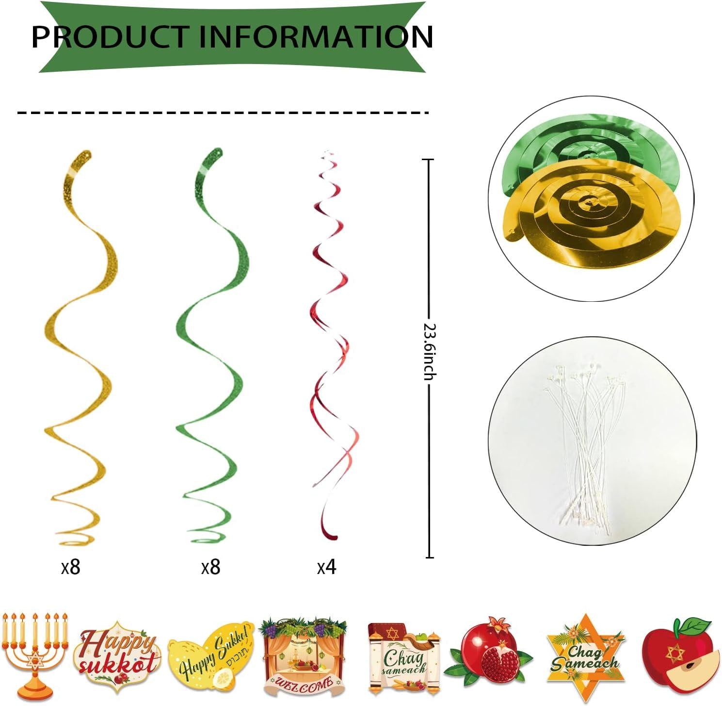 Sukkot Decorations Glitter Hanging Swirls, Jewish Holiday Celebration Sukkah Decor