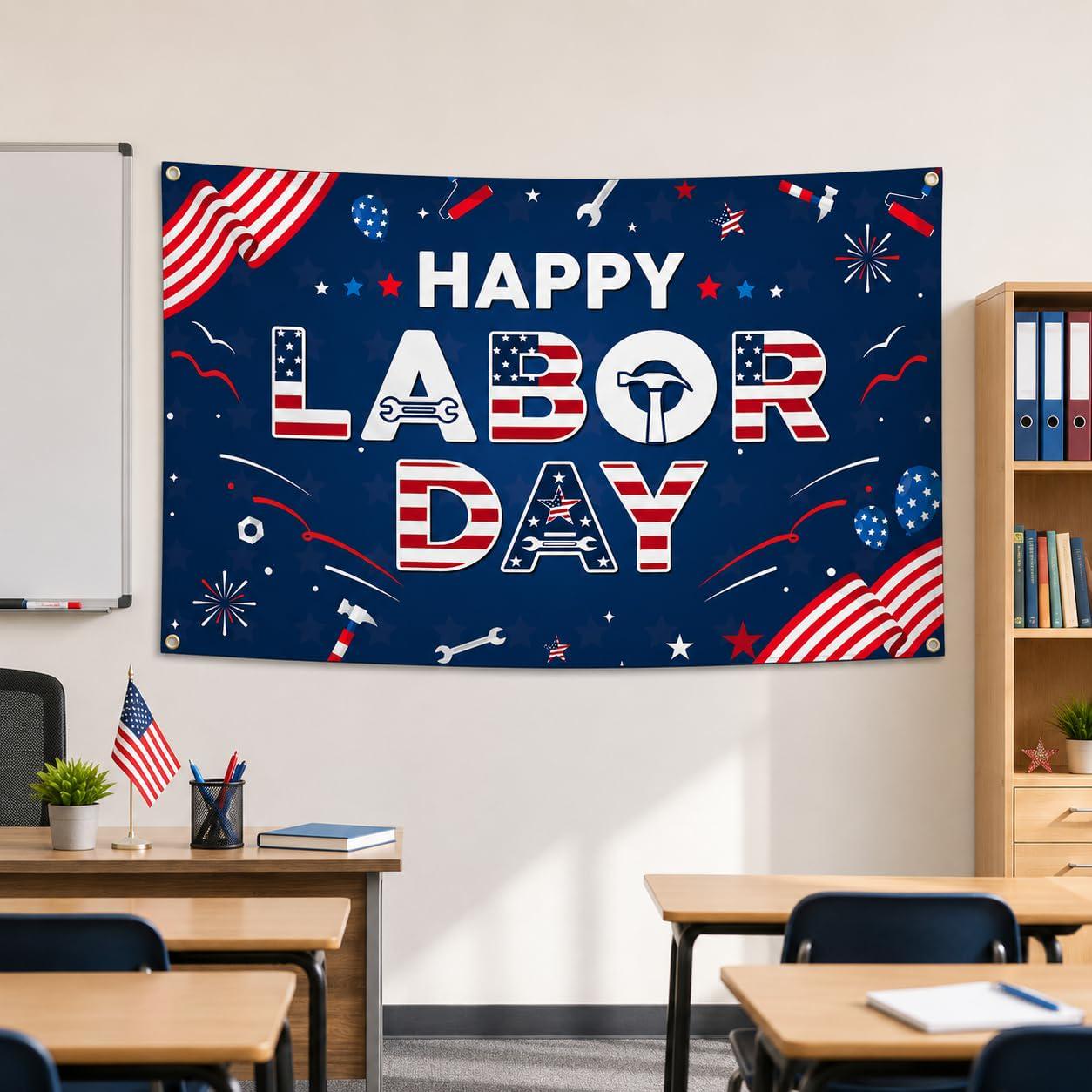 Happy Labor Day Patriotic Banner, Red White Blue Fabric Backdrop (43.3 x 72.8 Inch)
