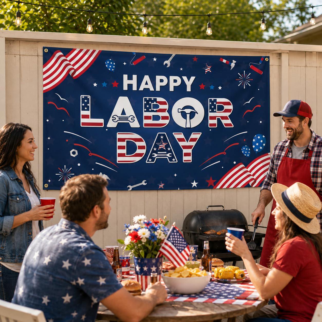 Happy Labor Day Patriotic Banner, Red White Blue Fabric Backdrop (43.3 x 72.8 Inch)