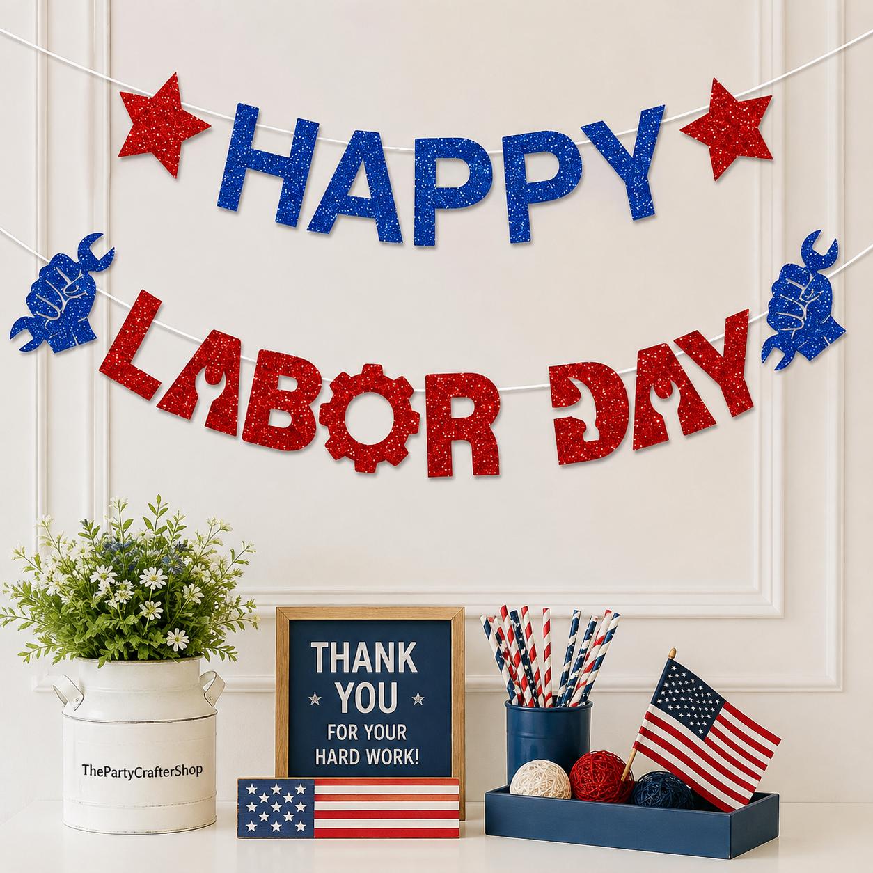 Glitter Happy Labor Day Banner, Red Blue USA Patriotic Garland, Party Decorations