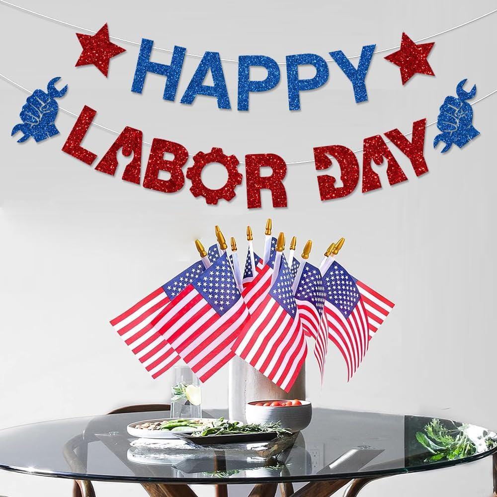 Glitter Happy Labor Day Banner, Red Blue USA Patriotic Garland, Party Decorations