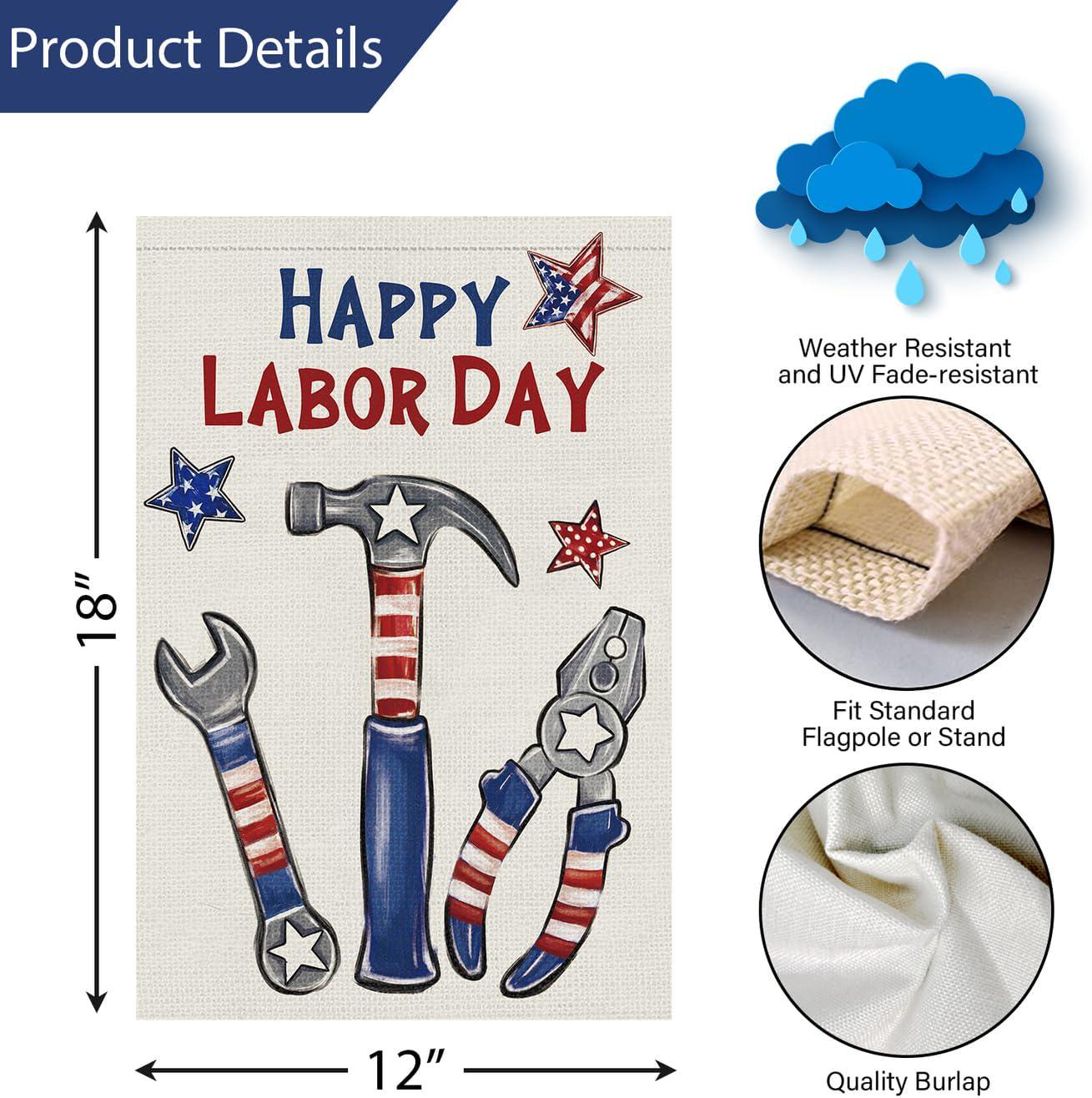 Happy Labor Day Garden Flag, Patriotic Tools USA Outdoor Decor (12x18)