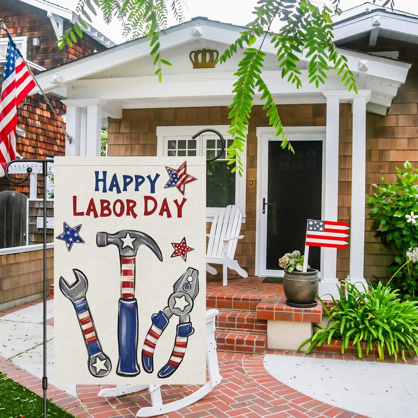 Happy Labor Day Garden Flag, Patriotic Tools USA Outdoor Decor (12x18)