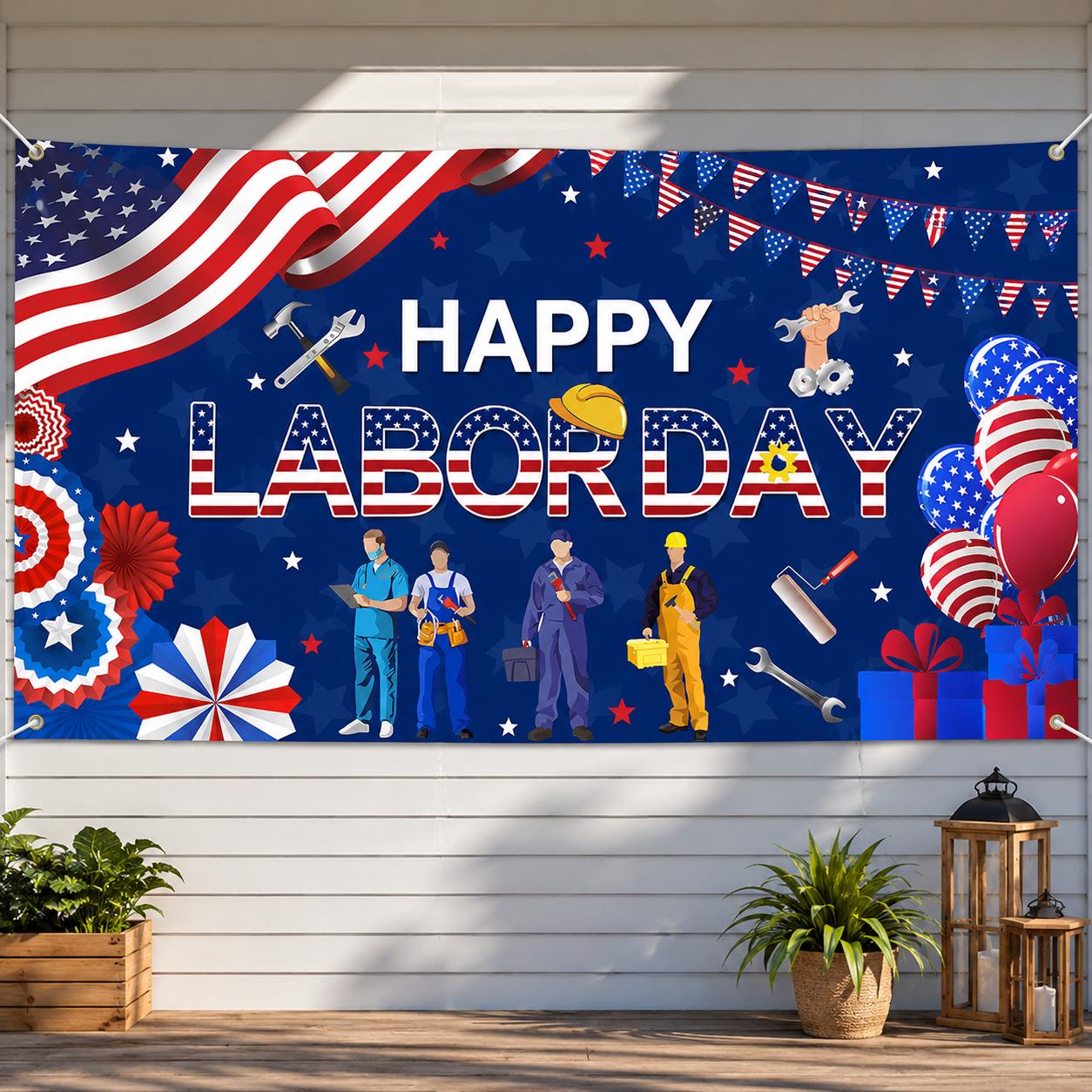 Happy Labor Day Patriotic Banner, Polyester Fabric Backdrop, 6x3.6ft Wall Decor