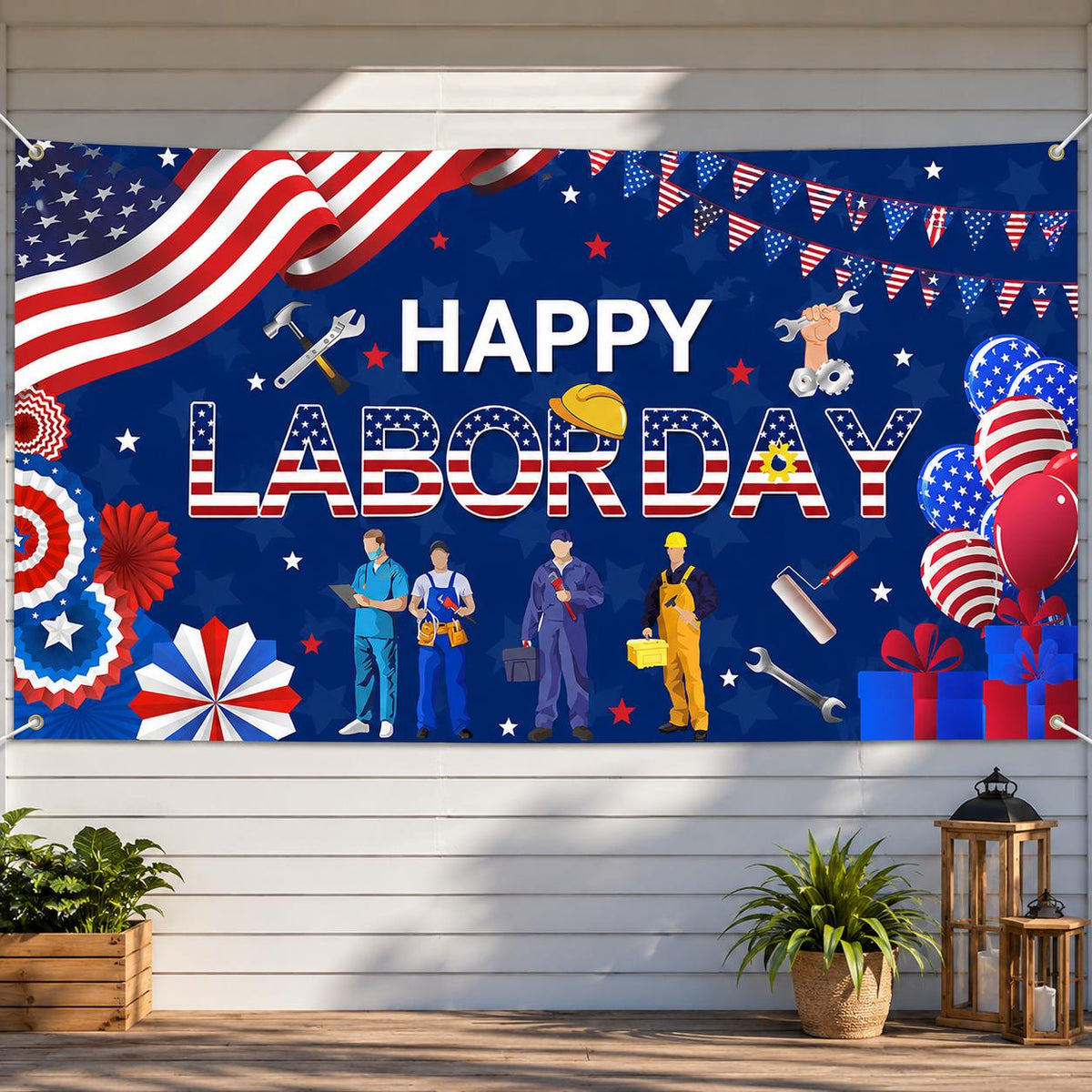 Happy Labor Day Patriotic Banner, Polyester Fabric Backdrop, 6x3.6ft Wall Decor