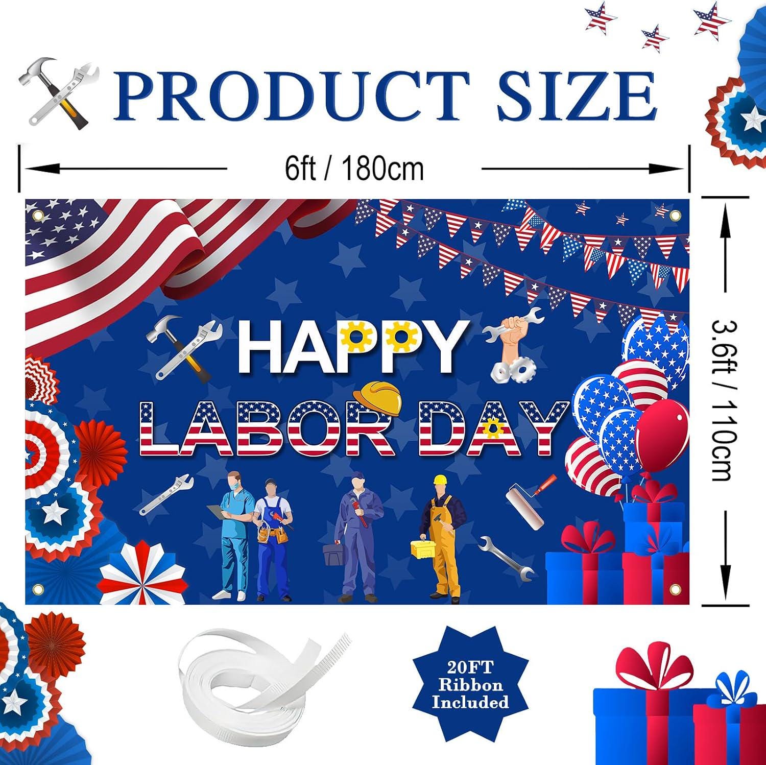 Happy Labor Day Patriotic Banner, Polyester Fabric Backdrop, 6x3.6ft Wall Decor