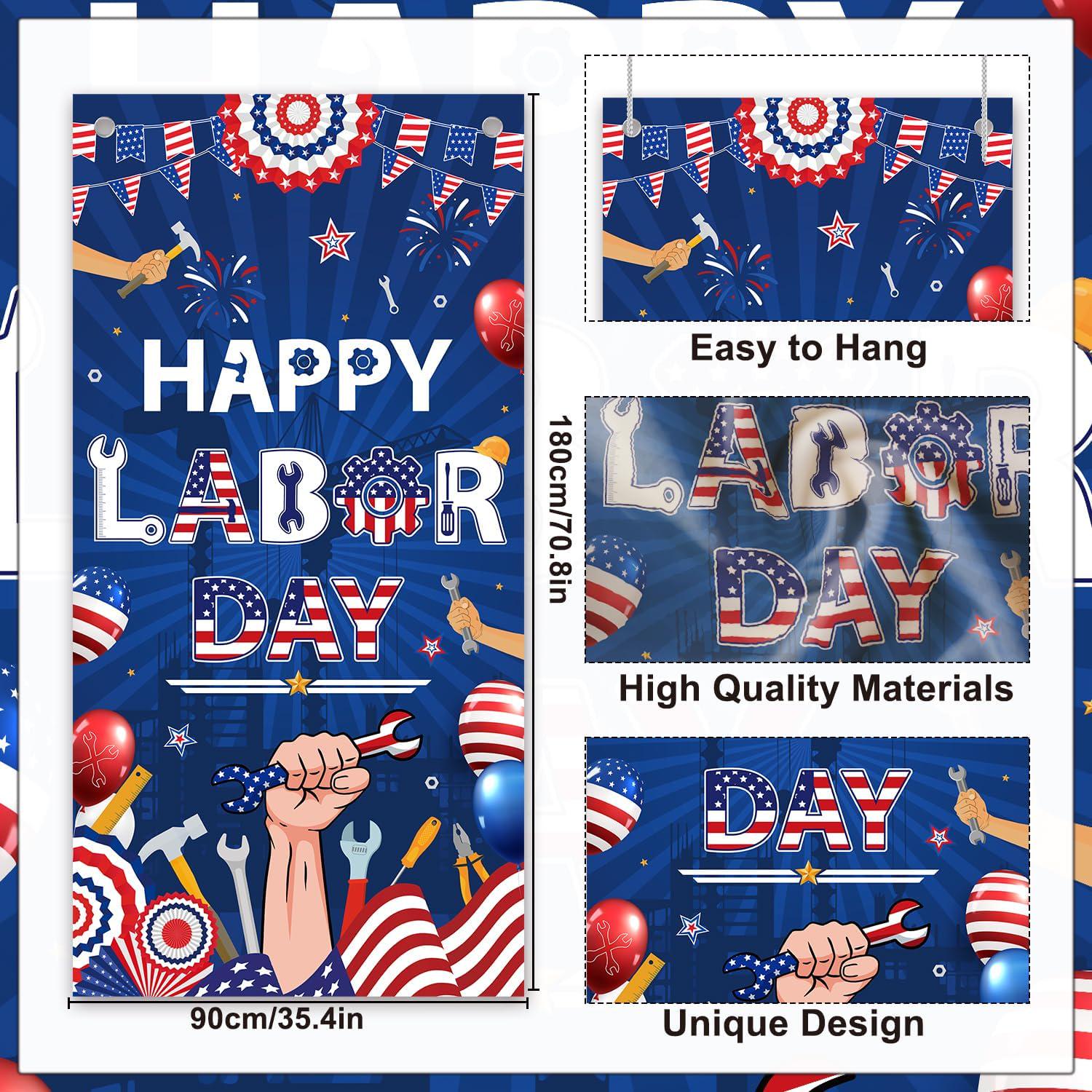 Happy Labor Day Door Cover, Patriotic Worker Tools Banner, Red White Blue Decoration