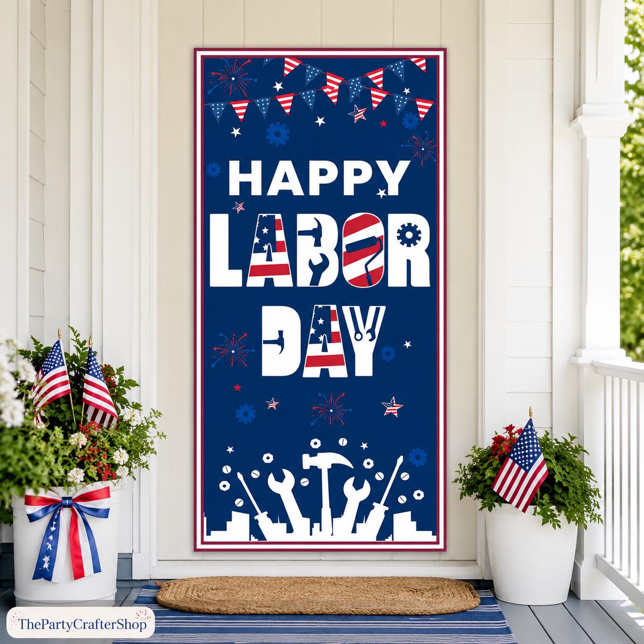 Happy Labor Day Patriotic Door Banner, Porch Sign, Polyester Fabric (72x36 inches)