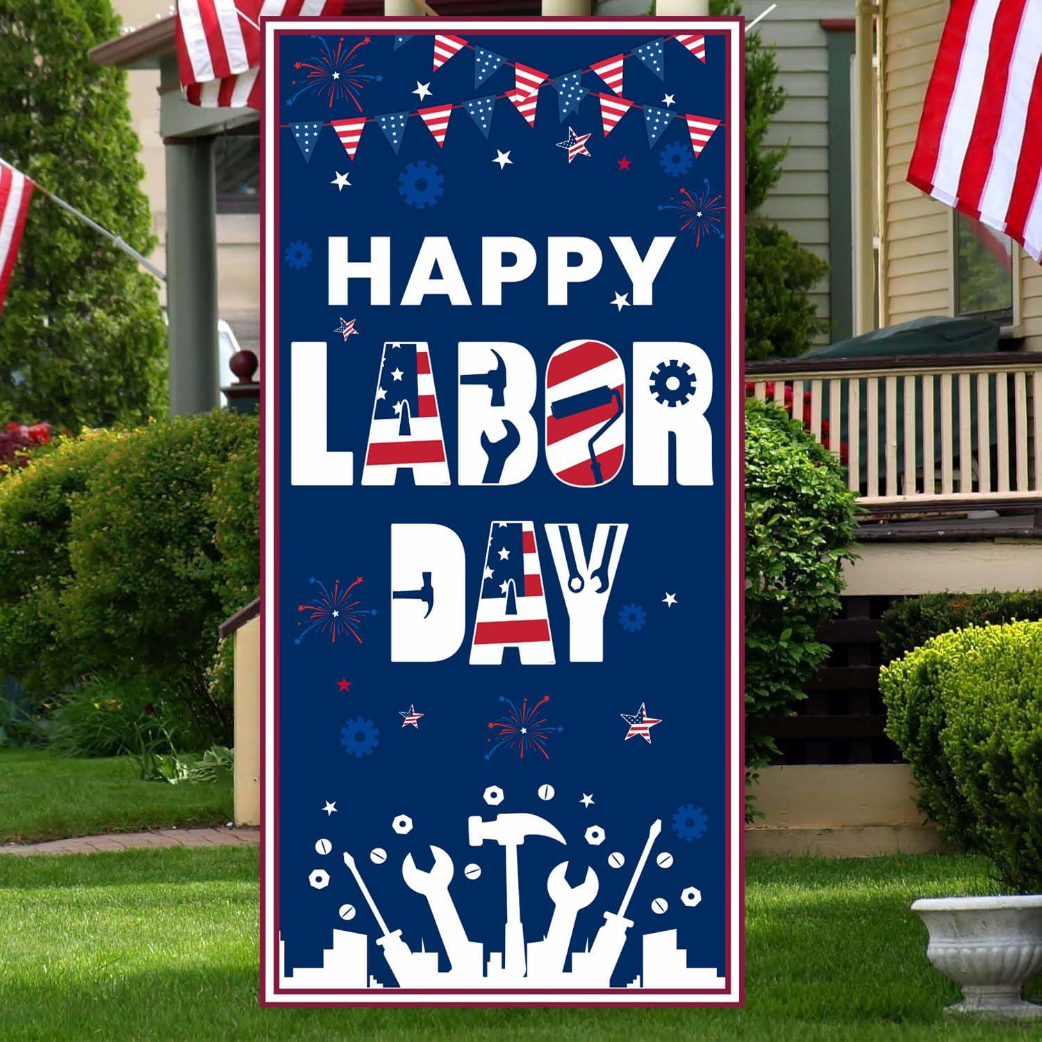 Happy Labor Day Patriotic Door Banner, Porch Sign, Polyester Fabric (72x36 inches)