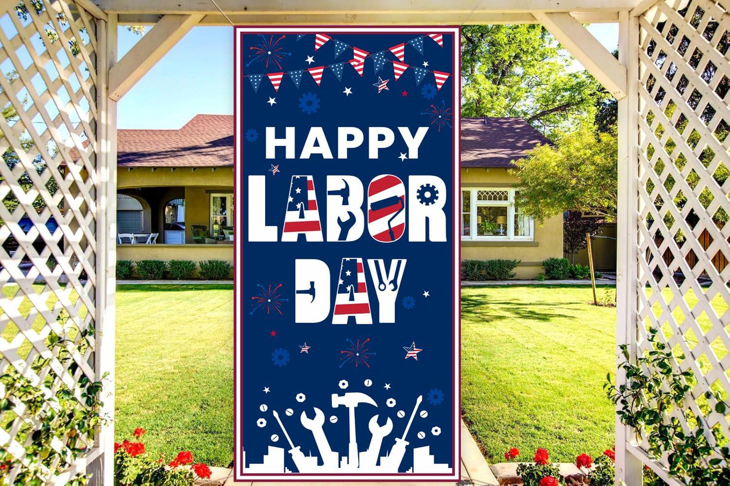 Happy Labor Day Patriotic Door Banner, Porch Sign, Polyester Fabric (72x36 inches)