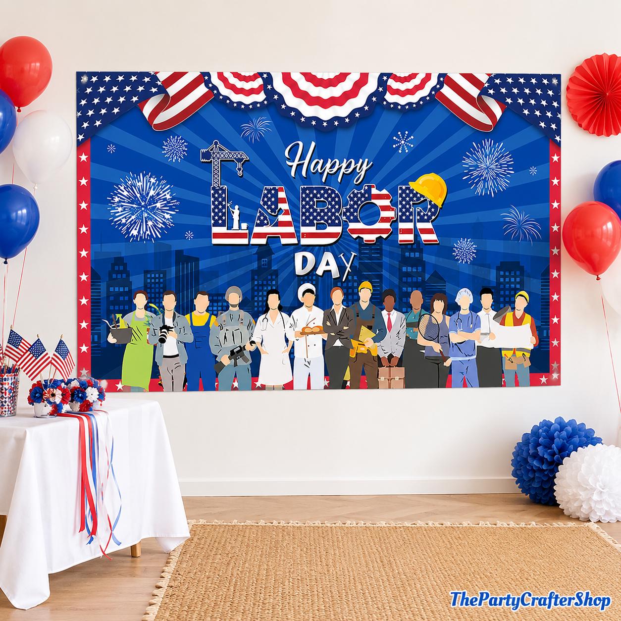 Happy Labor Day Backdrop, Patriotic Worker Banner, Blue Party Decoration, Photo Prop