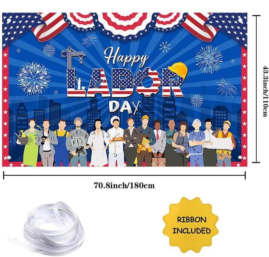 Happy Labor Day Backdrop, Patriotic Worker Banner, Blue Party Decoration, Photo Prop