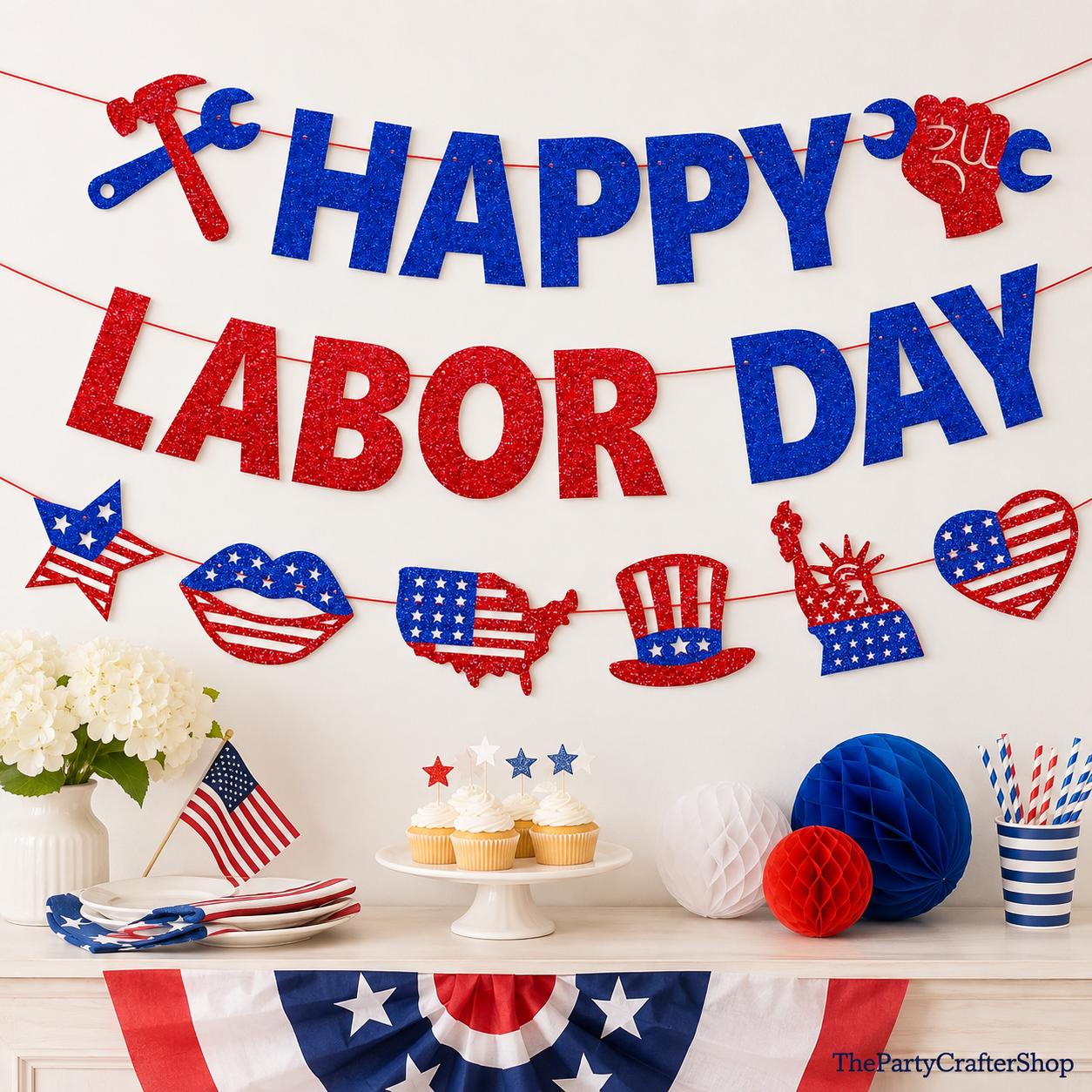 Happy Labor Day Banner, Patriotic Glitter USA Decorations, Office Party Decor