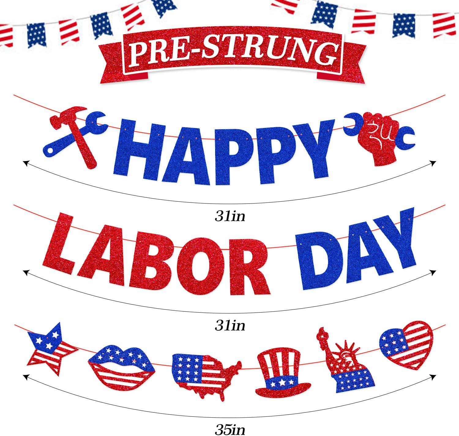 Happy Labor Day Banner, Patriotic Glitter USA Decorations, Office Party Decor