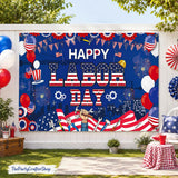 Happy Labor Day Banner, Patriotic American Flag Worker Backdrop, Party Decorations