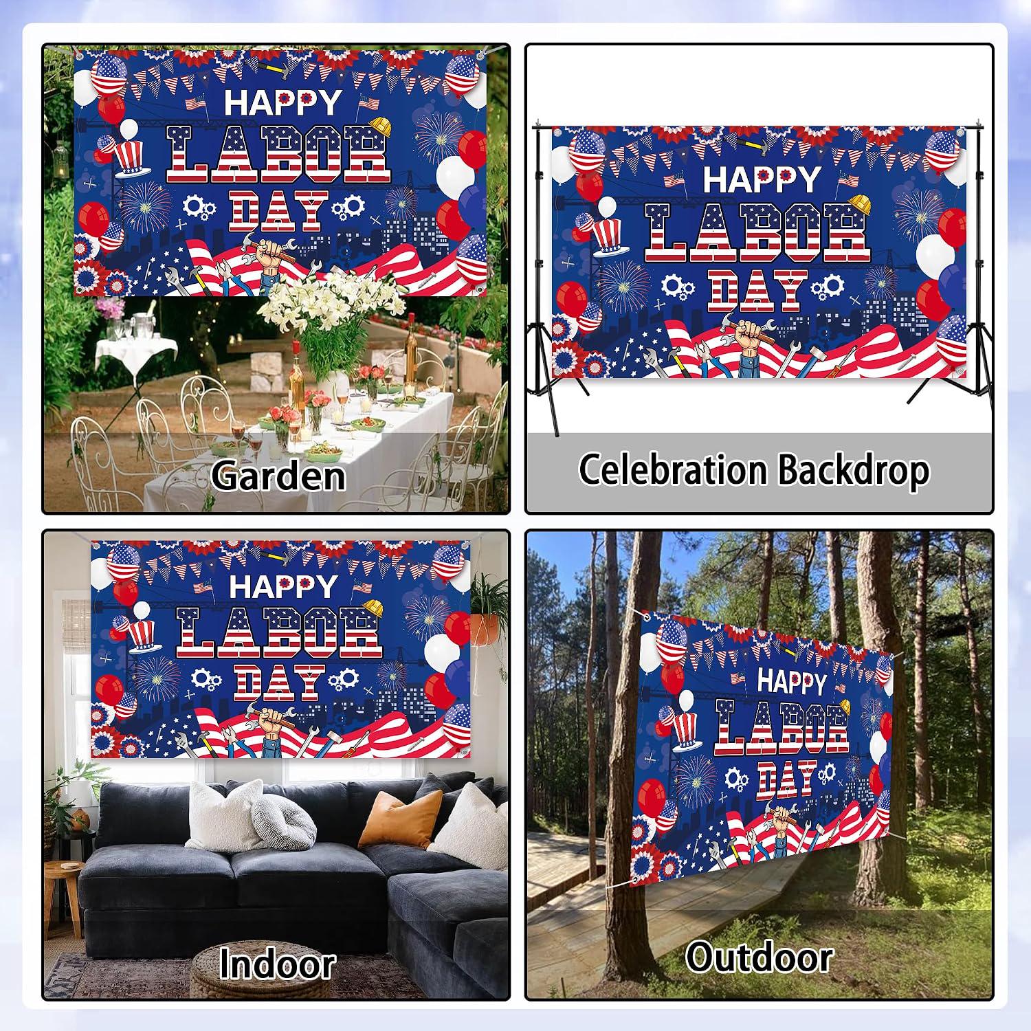 Happy Labor Day Banner, Patriotic American Flag Worker Backdrop, Party Decorations
