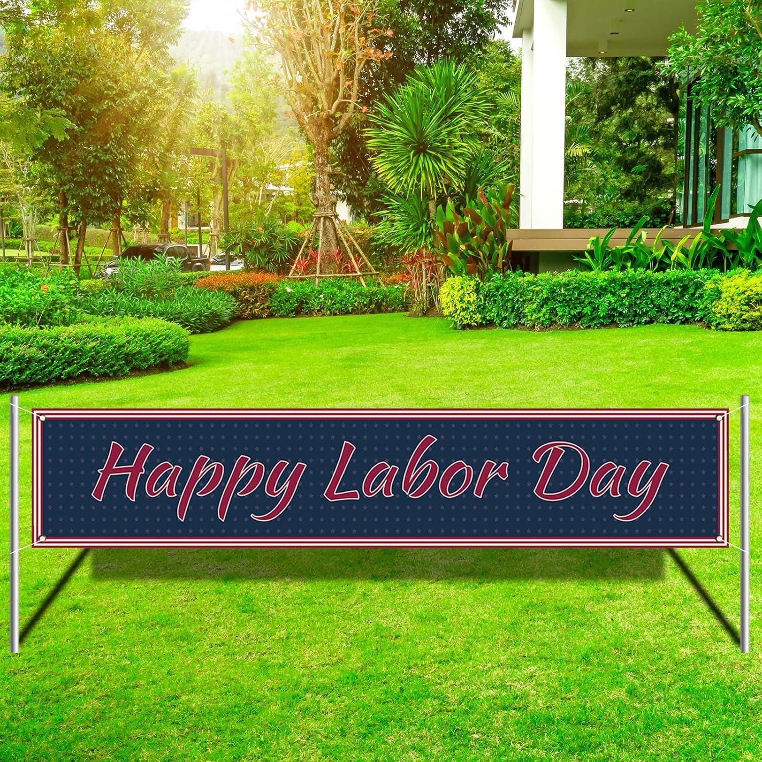 Happy Labor Day Banner, Patriotic Polyester Yard Sign, Outdoor Party Decor