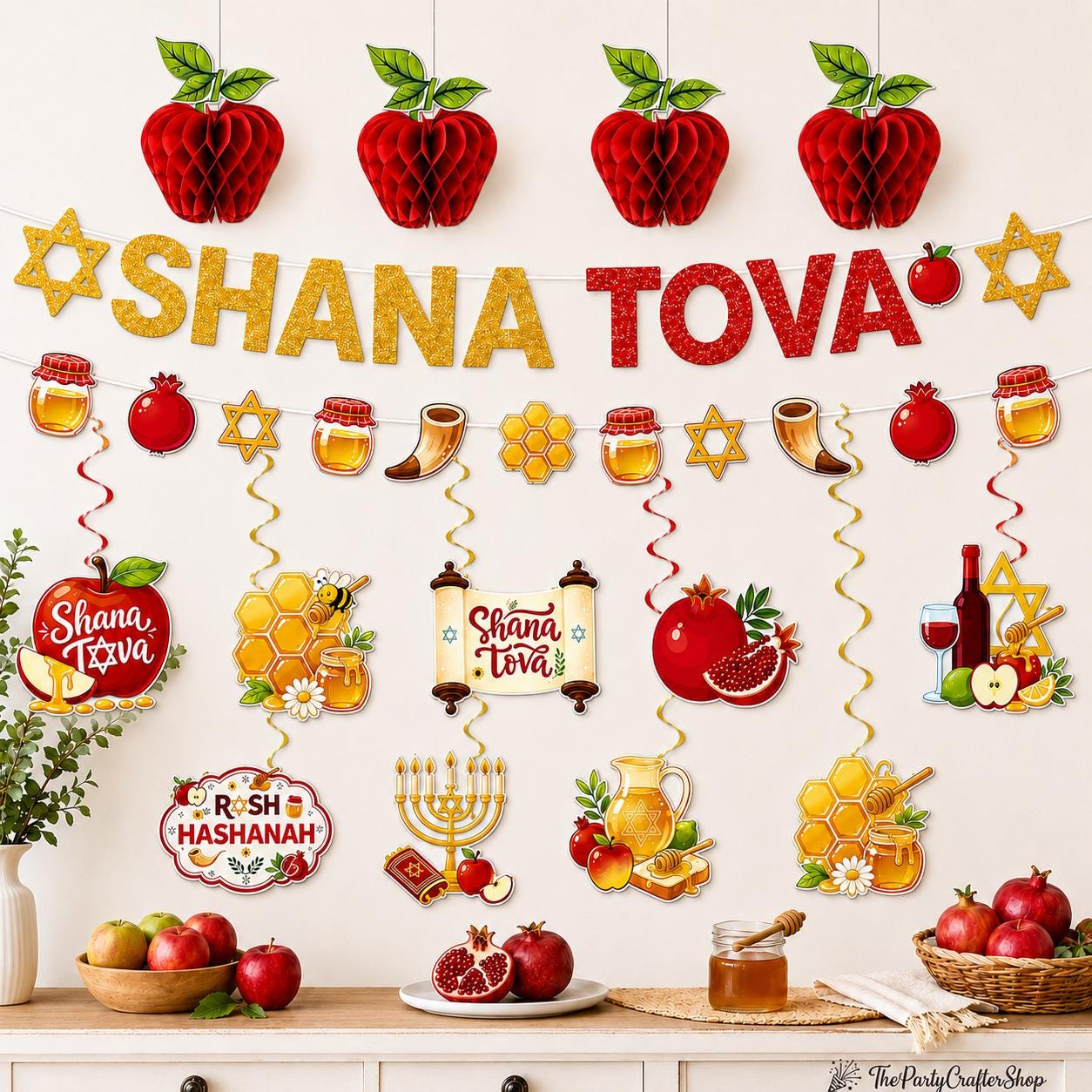 Shana Tova Rosh Hashanah Party Decorations, Honeycomb Apple Pomegranate Swirls