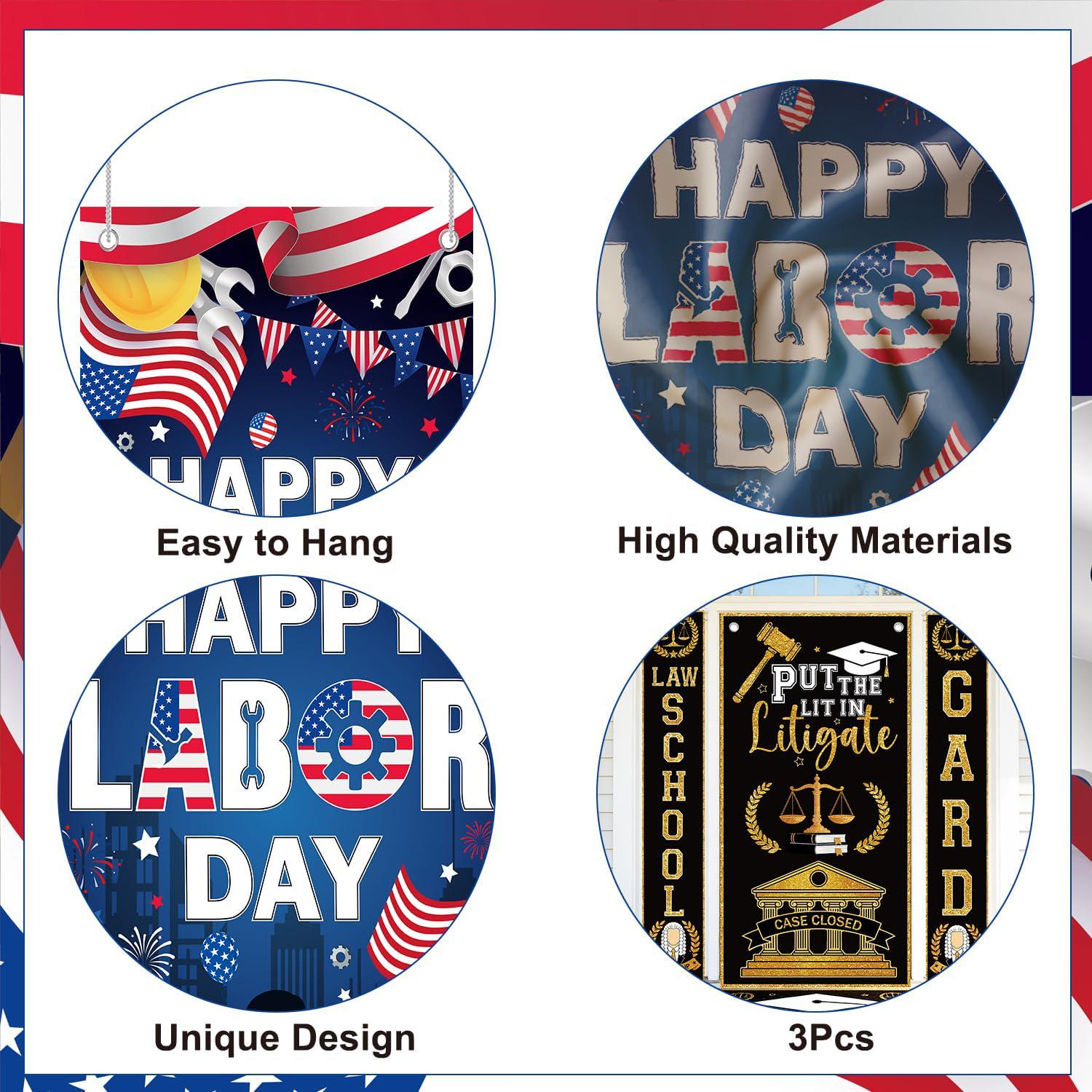 Labor Day Door Banner Set, Patriotic Worker Tools, American Flag Decor (3pc)