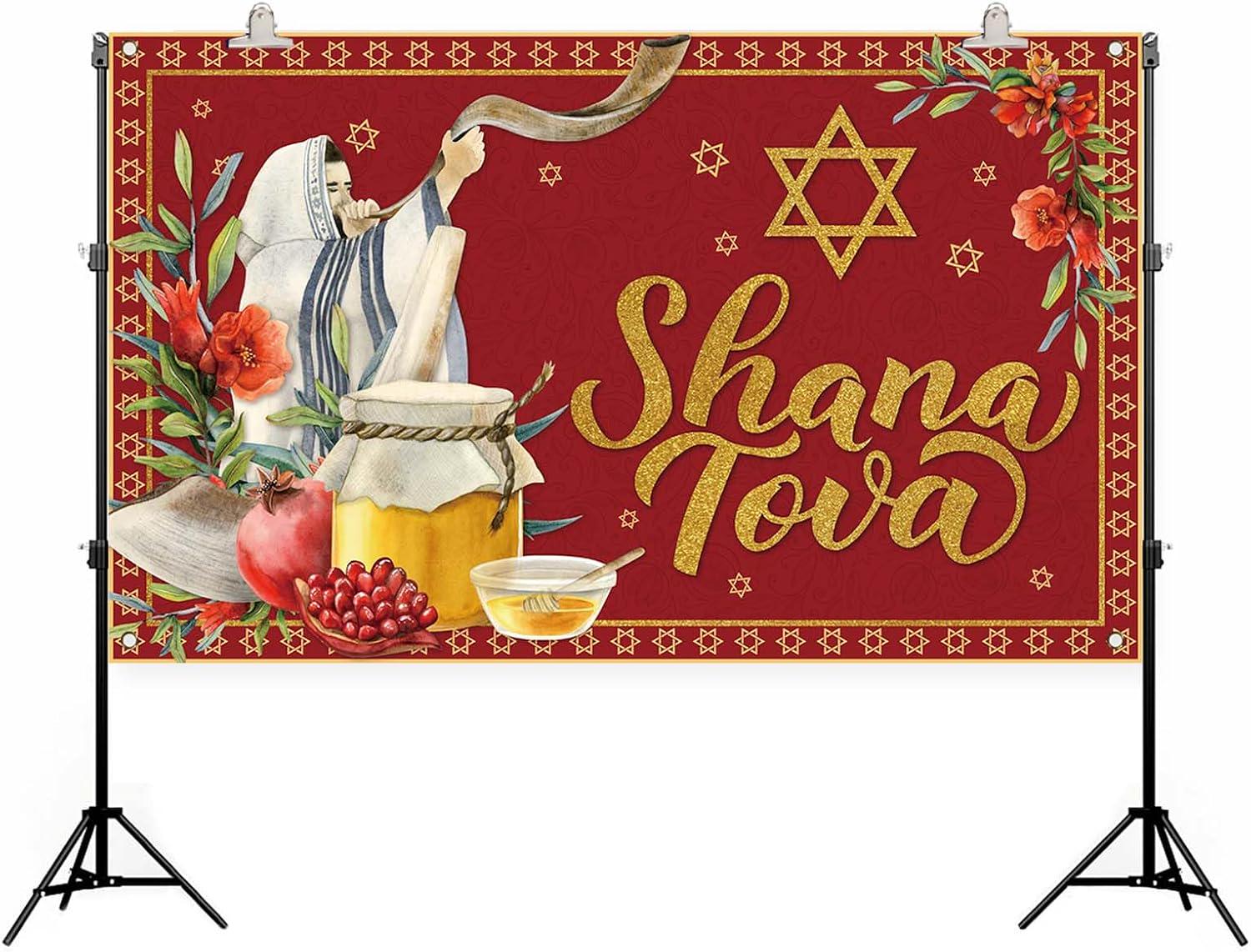 Shana Tova Backdrop, Rosh Hashanah Jewish New Year Decorations, Polyester Party Banner