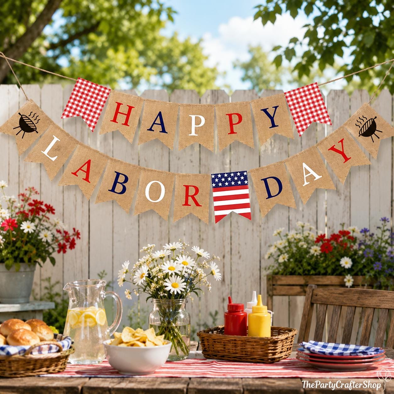 Burlap Happy Labor Day Banner, BBQ Grill Theme Garland, Party Decorations
