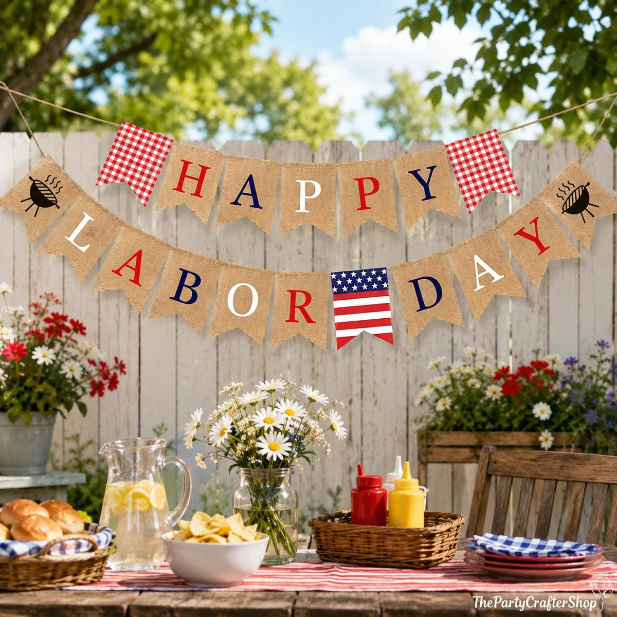 Burlap Happy Labor Day Banner, BBQ Grill Theme Garland, Party Decorations