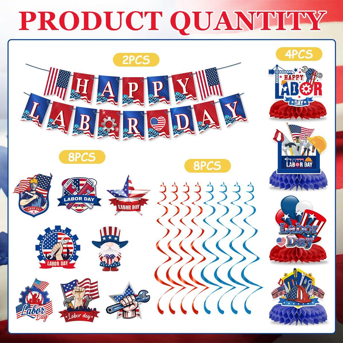 Happy Labor Day Decorations Set, Patriotic Banners, Swirls, Centerpieces, Red White Blue Party Decor