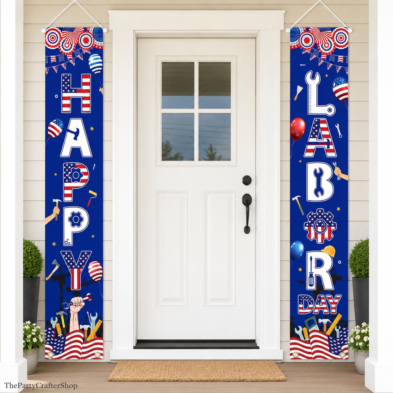 Happy Labor Day Patriotic Door Banner, American Flag Porch Sign