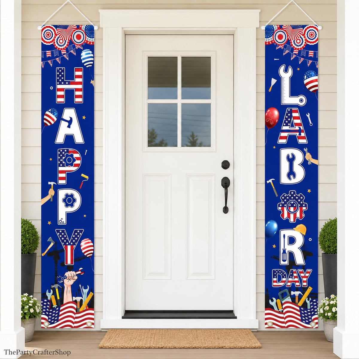 Happy Labor Day Patriotic Door Banner, American Flag Porch Sign