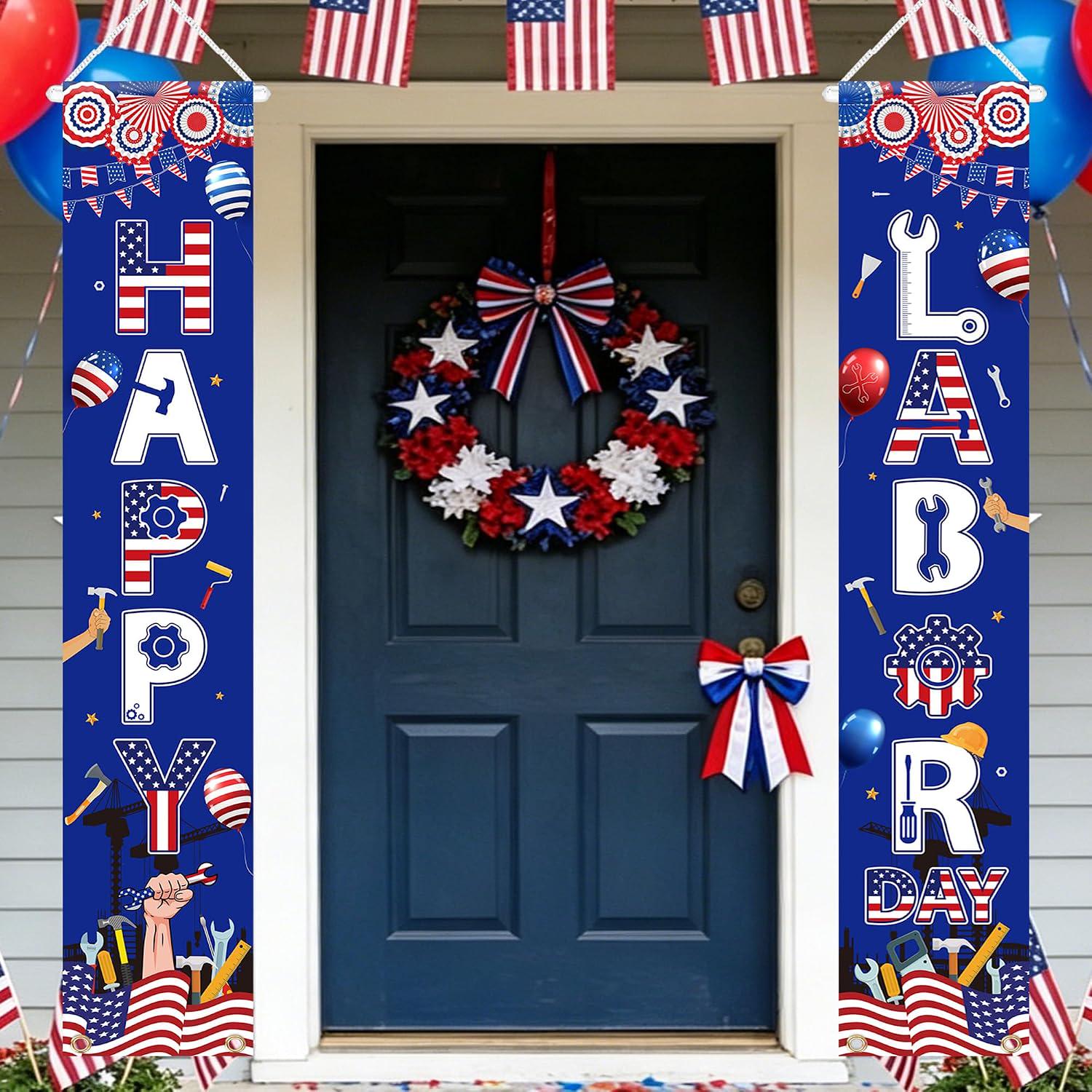 Happy Labor Day Patriotic Door Banner, American Flag Porch Sign