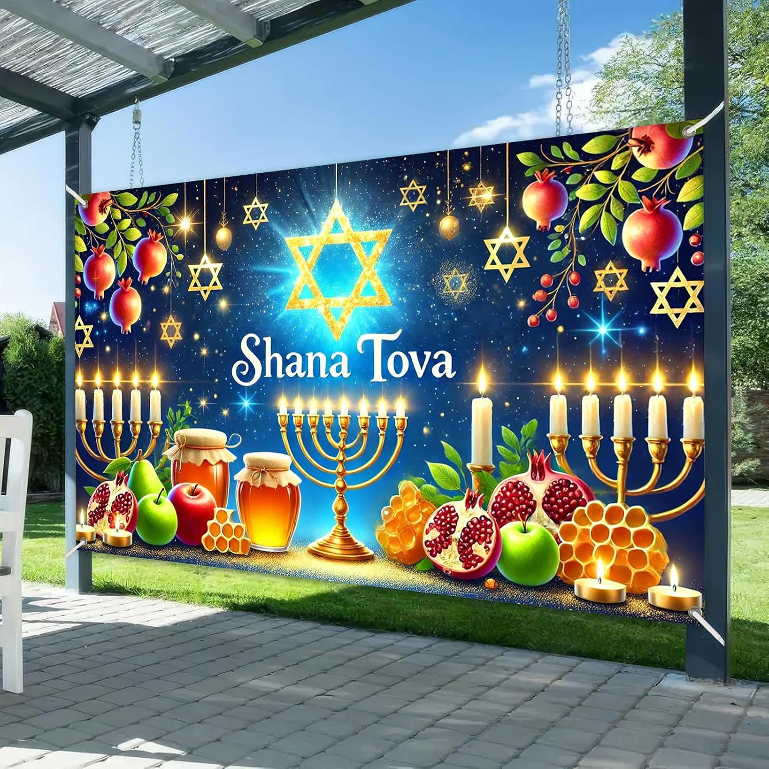 Shana Tova Menorah Backdrop, Rosh Hashanah Star Banner, Jewish Holiday Decorations