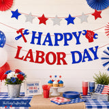 Happy Labor Day Banner, Patriotic Garland with Stars, Red White Blue Decor
