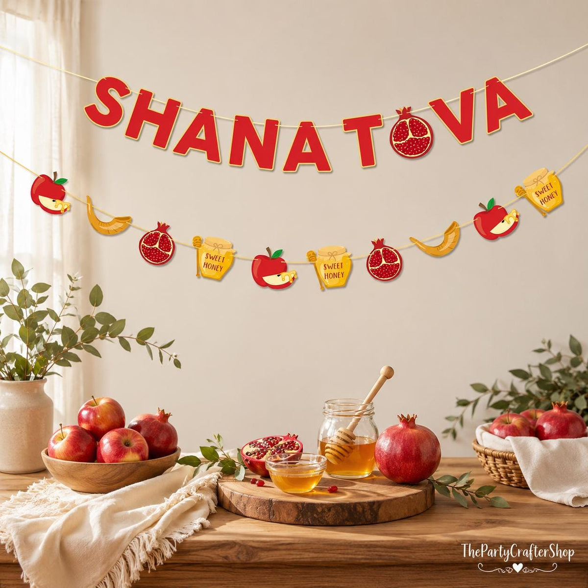 Shana Tova Banner Garland, Rosh Hashanah Jewish New Year Decor, Honey Apple Pomegranate Party