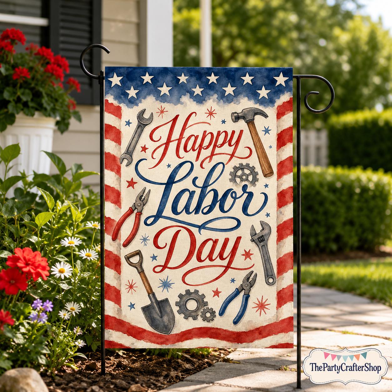 Happy Labor Day Garden Flag, Patriotic Tools USA Burlap Yard Sign
