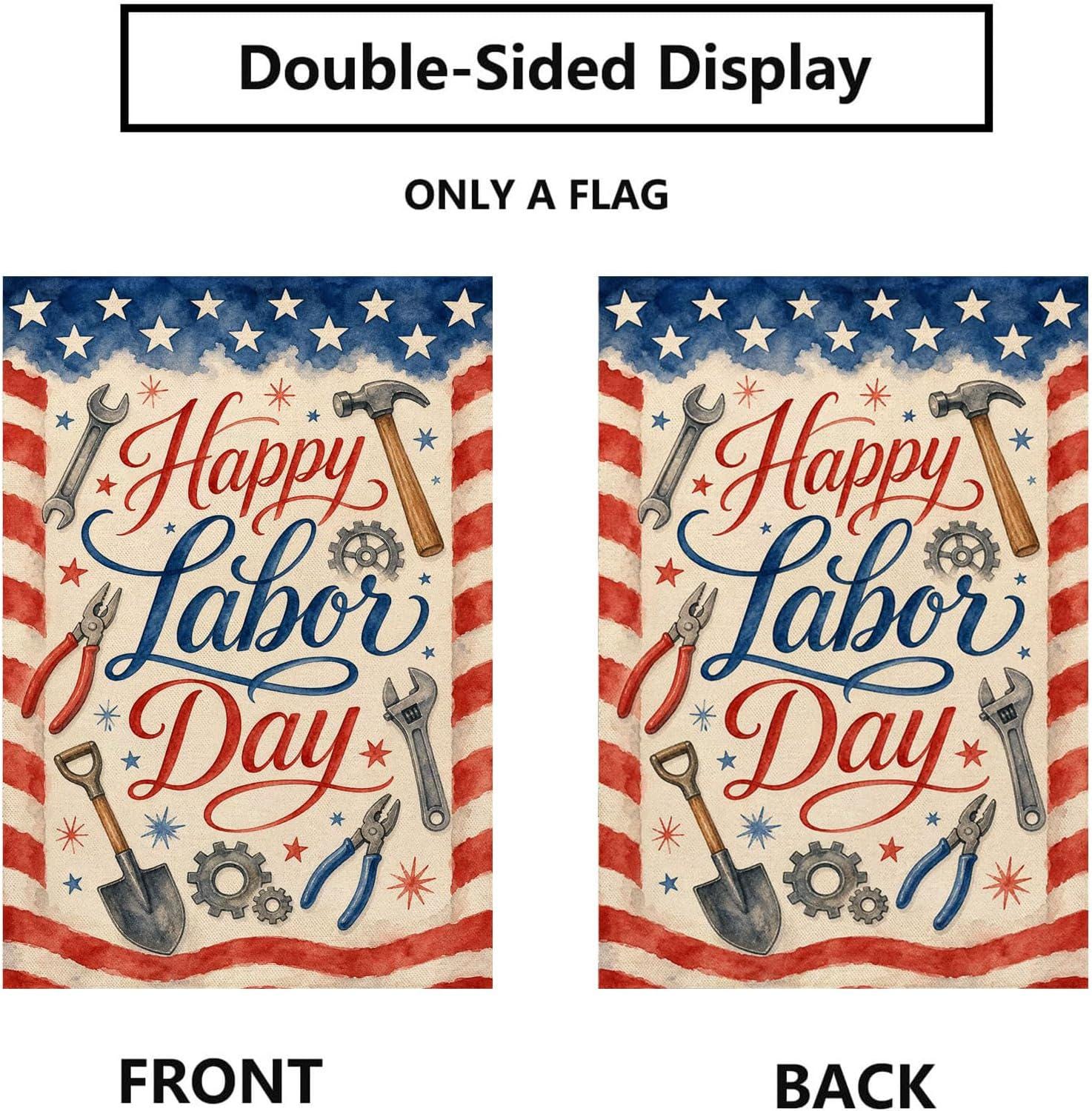 Happy Labor Day Garden Flag, Patriotic Tools USA Burlap Yard Sign