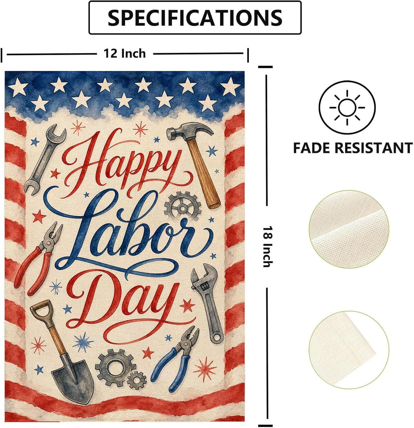Happy Labor Day Garden Flag, Patriotic Tools USA Burlap Yard Sign