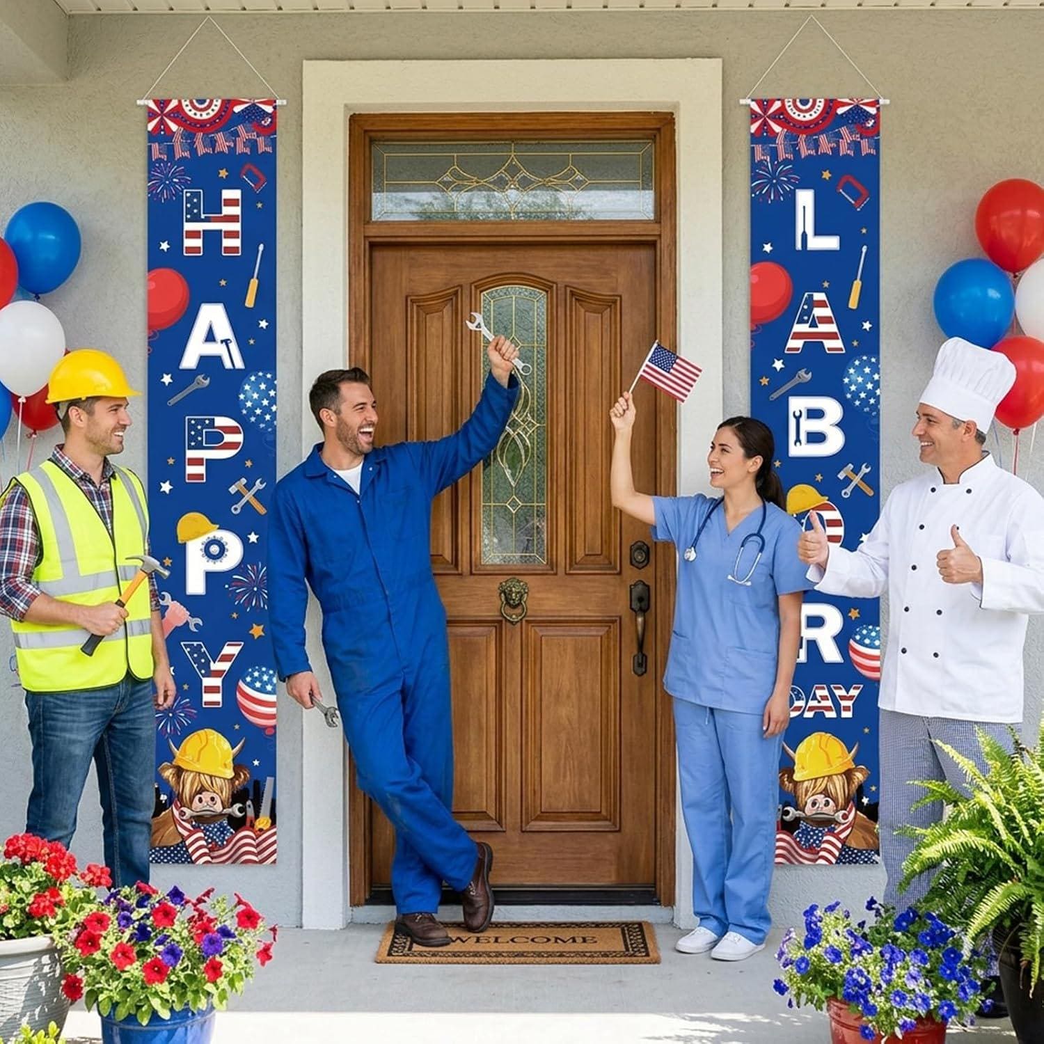 Happy Labor Day Porch Banners, Red White Blue Patriotic Decor