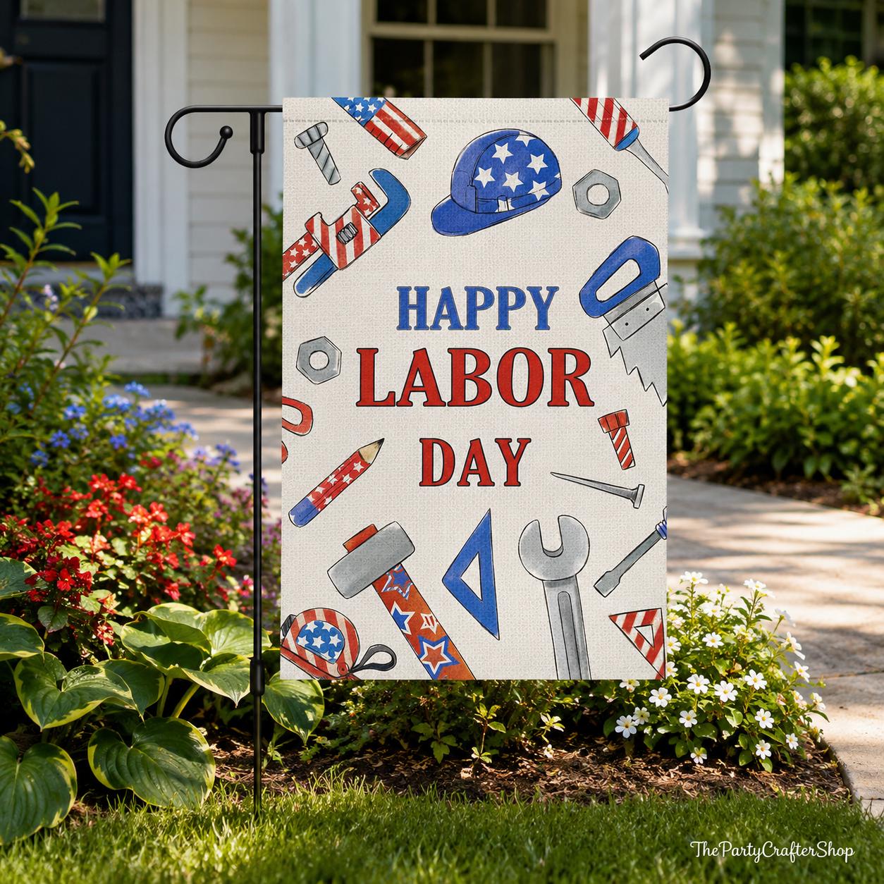 Happy Labor Day Burlap Garden Flag, Tools USA Decor (12x18 Inch)