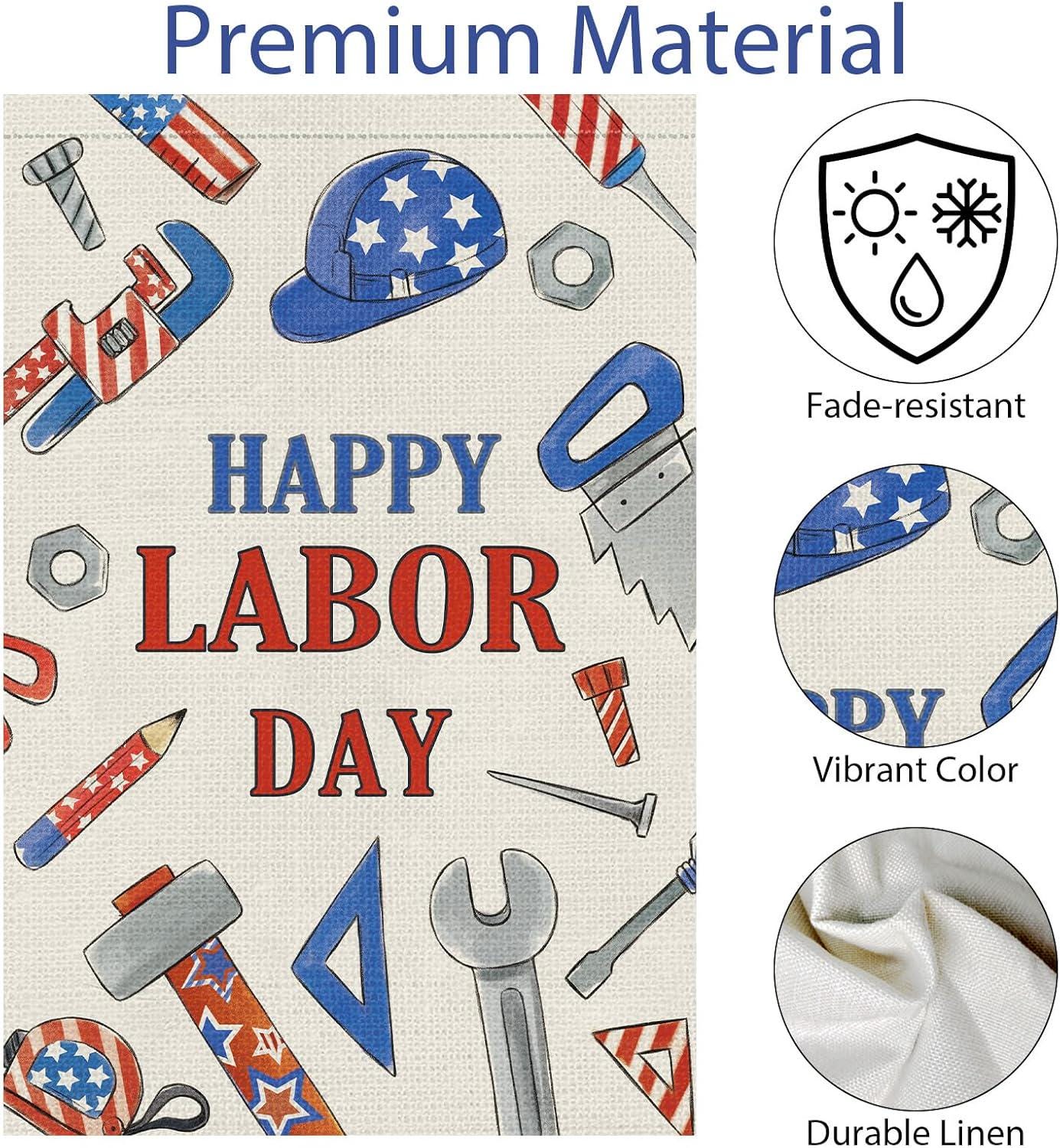 Happy Labor Day Burlap Garden Flag, Tools USA Decor (12x18 Inch)