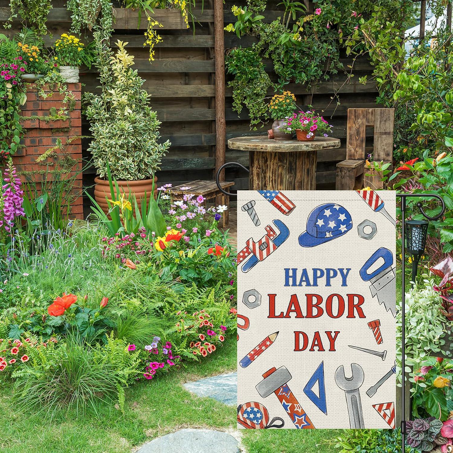 Happy Labor Day Burlap Garden Flag, Tools USA Decor (12x18 Inch)