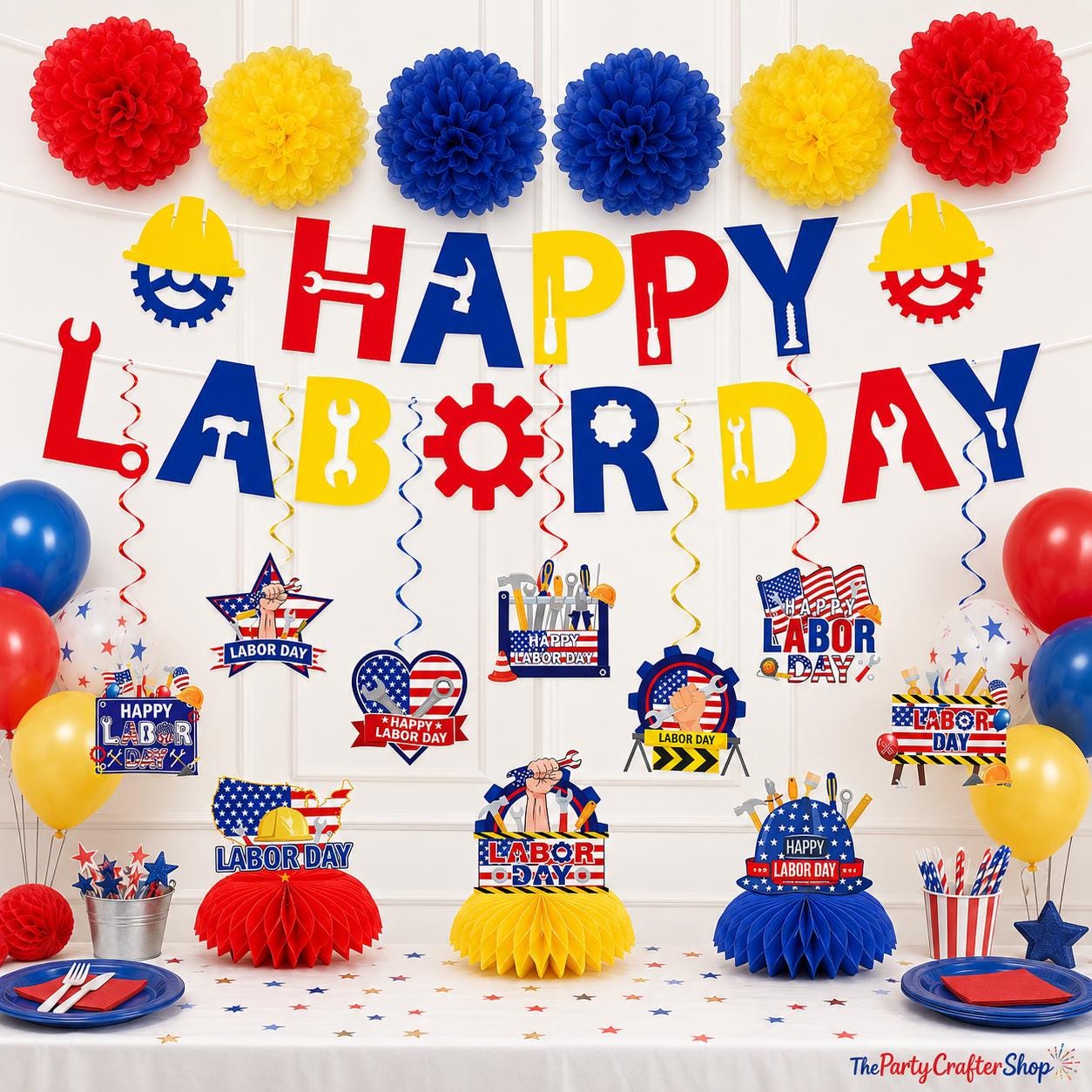 Patriotic Labor Day Party Decorations, American Banner Swirls Pom Poms Honeycomb Centerpieces