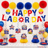 Patriotic Labor Day Party Decorations, American Banner Swirls Pom Poms Honeycomb Centerpieces