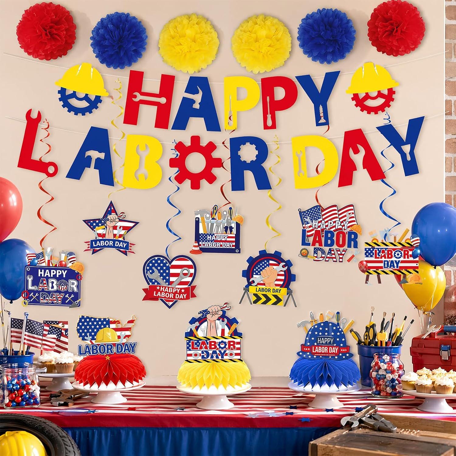 Patriotic Labor Day Party Decorations, American Banner Swirls Pom Poms Honeycomb Centerpieces