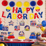Patriotic Labor Day Party Decorations, American Banner Swirls Pom Poms Honeycomb Centerpieces