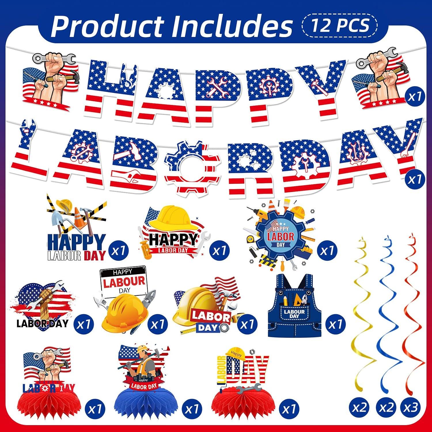 Patriotic Labor Day Decorations Set, Banner, Swirls, Honeycomb Centerpieces Party Decor