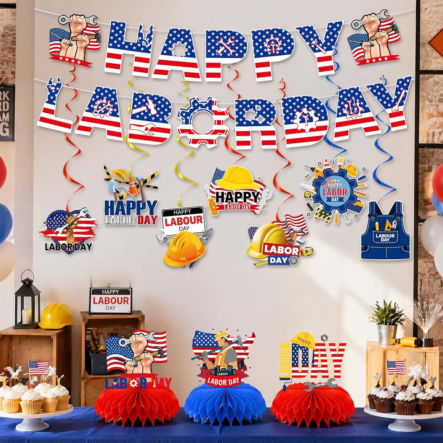 Patriotic Labor Day Decorations Set, Banner, Swirls, Honeycomb Centerpieces Party Decor